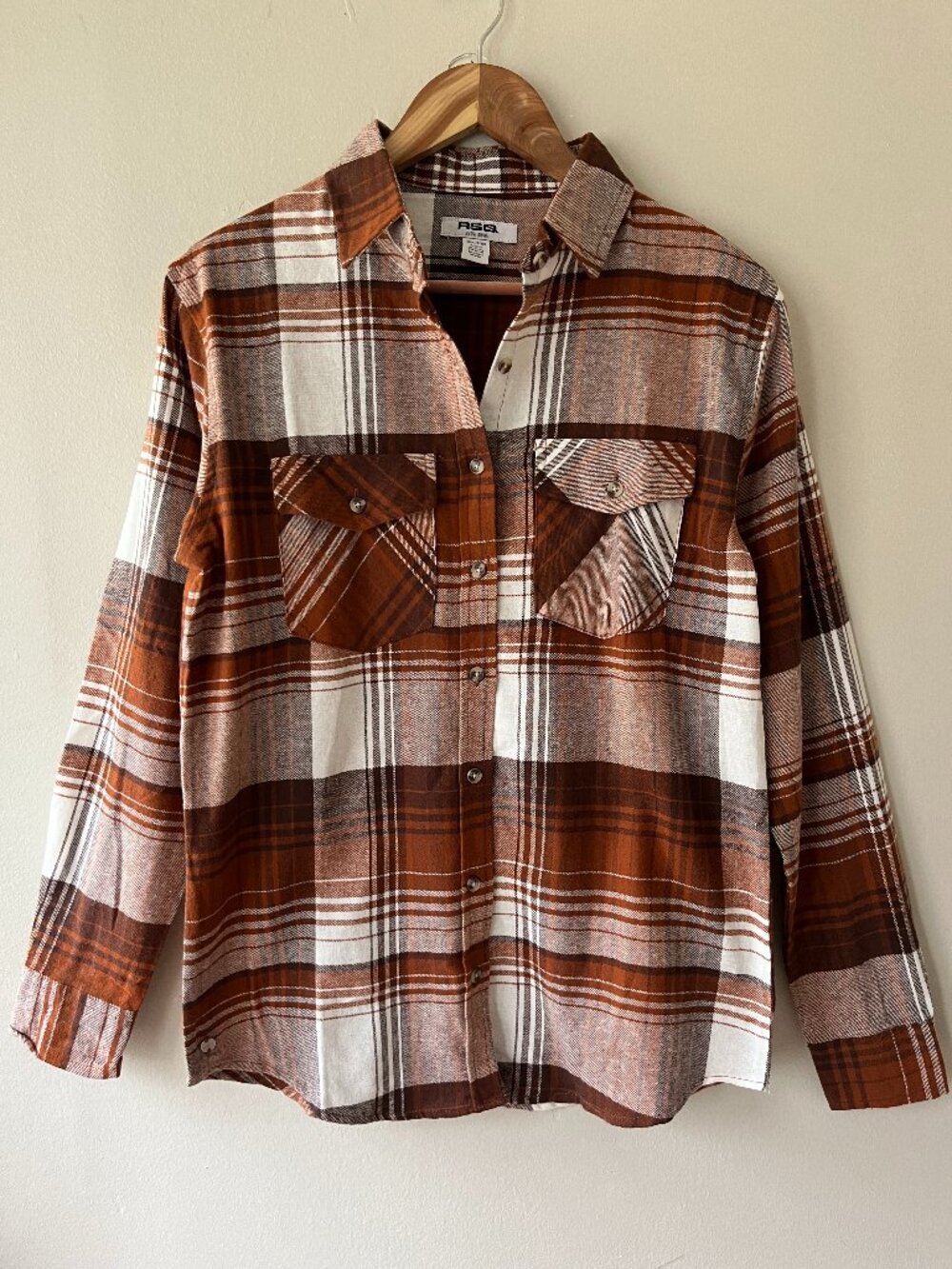 RSQ Womens Sz S Brown Beige Flannel Button Down Shirt Chest Pockets‎
